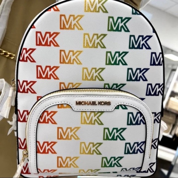 Michael Kors Backpack Jaycee Medium Jet Set MK Signature Rainbow Optic White NWT - Picture 4 of 12